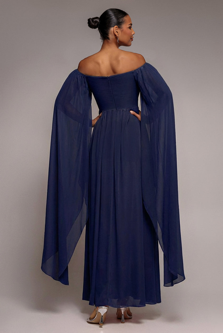 Goddiva Chiffon Off The Shoulder Maxi With Cape Sleeves - Navy