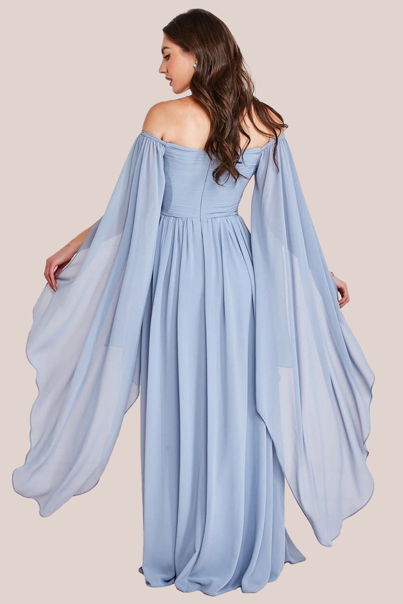 Goddiva Chiffon Off The Shoulder Maxi With Cape Sleeves - Blue