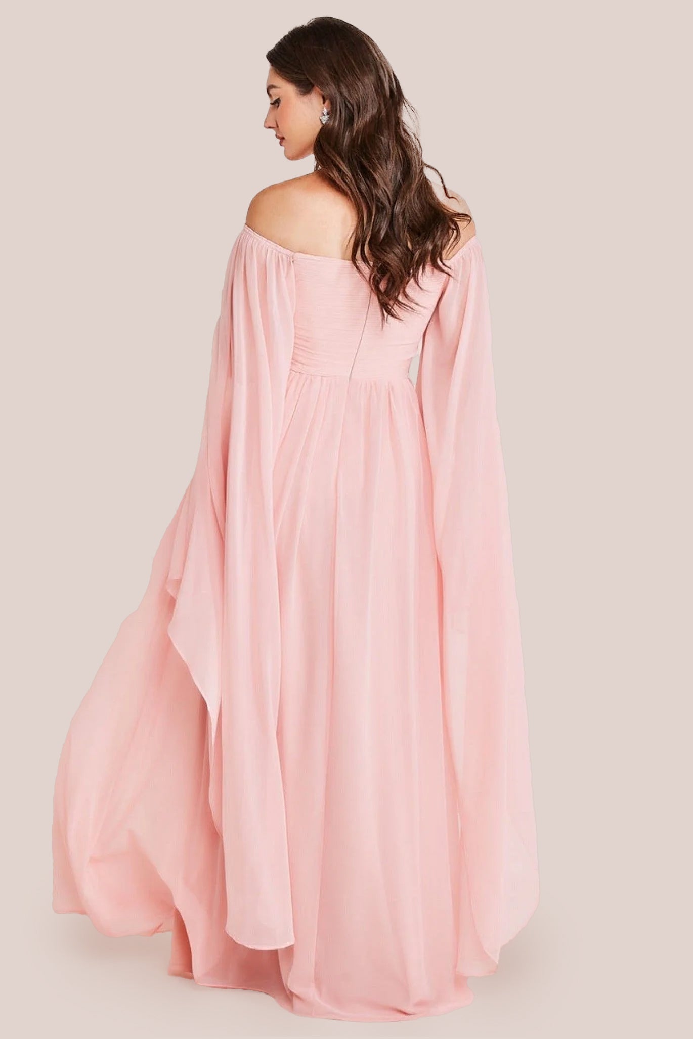 Goddiva Chiffon Off The Shoulder Maxi With Cape Sleeves - Blush