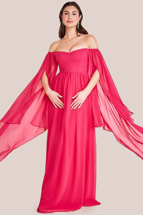 Goddiva Chiffon Off The Shoulder Maxi With Cape Sleeves - Hot Pink