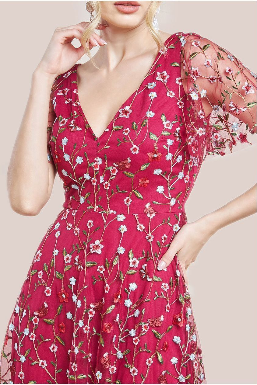 Goddiva Flutter Sleeve Floral Embroidered Maxi - Burgundy