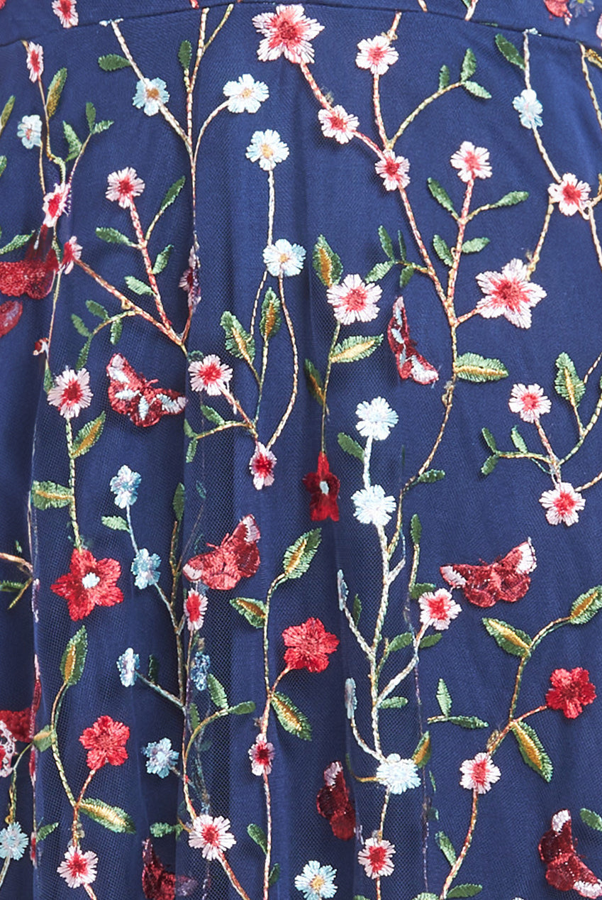 Goddiva Flutter Sleeve Floral Embroidered Maxi - Navy