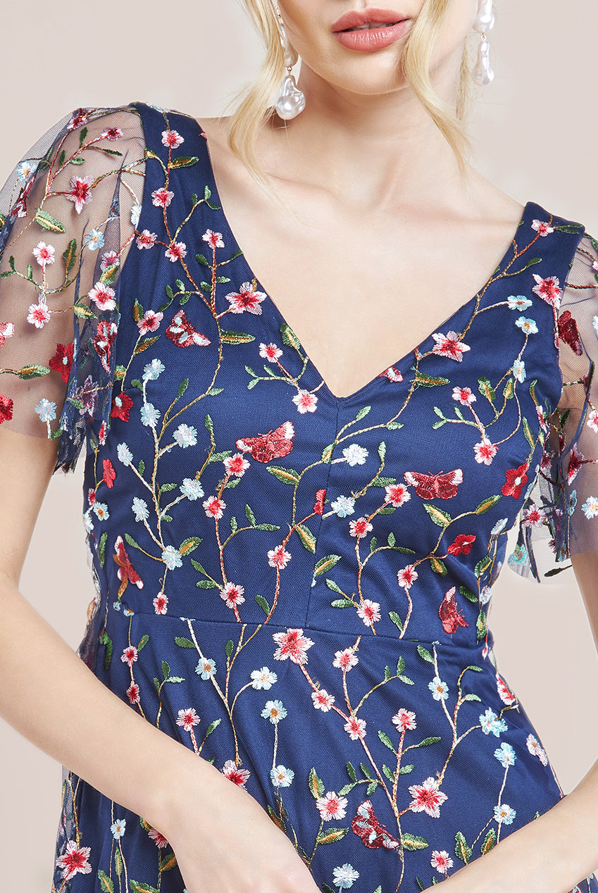 Goddiva Flutter Sleeve Floral Embroidered Maxi - Navy