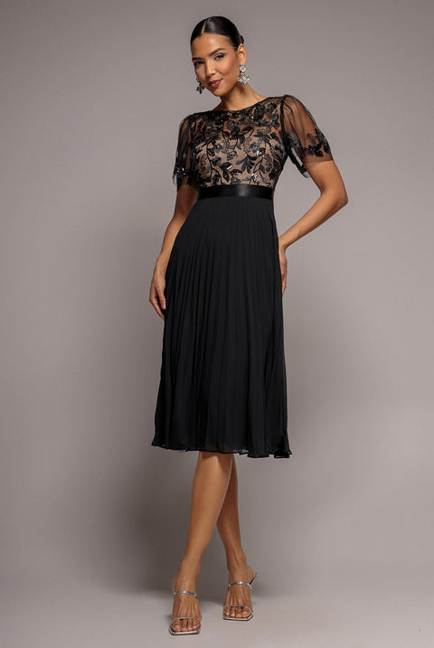 Goddiva Embroidered Top Chiffon Pleated Midi - Black