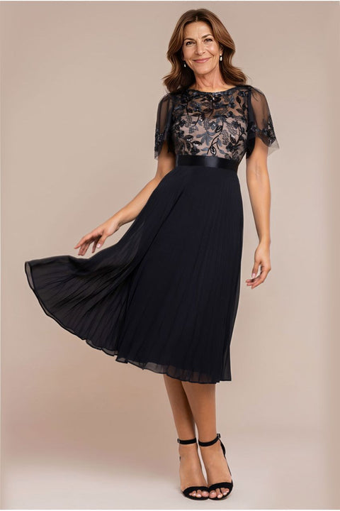 Goddiva Embroidered Top Chiffon Pleated Midi - Black