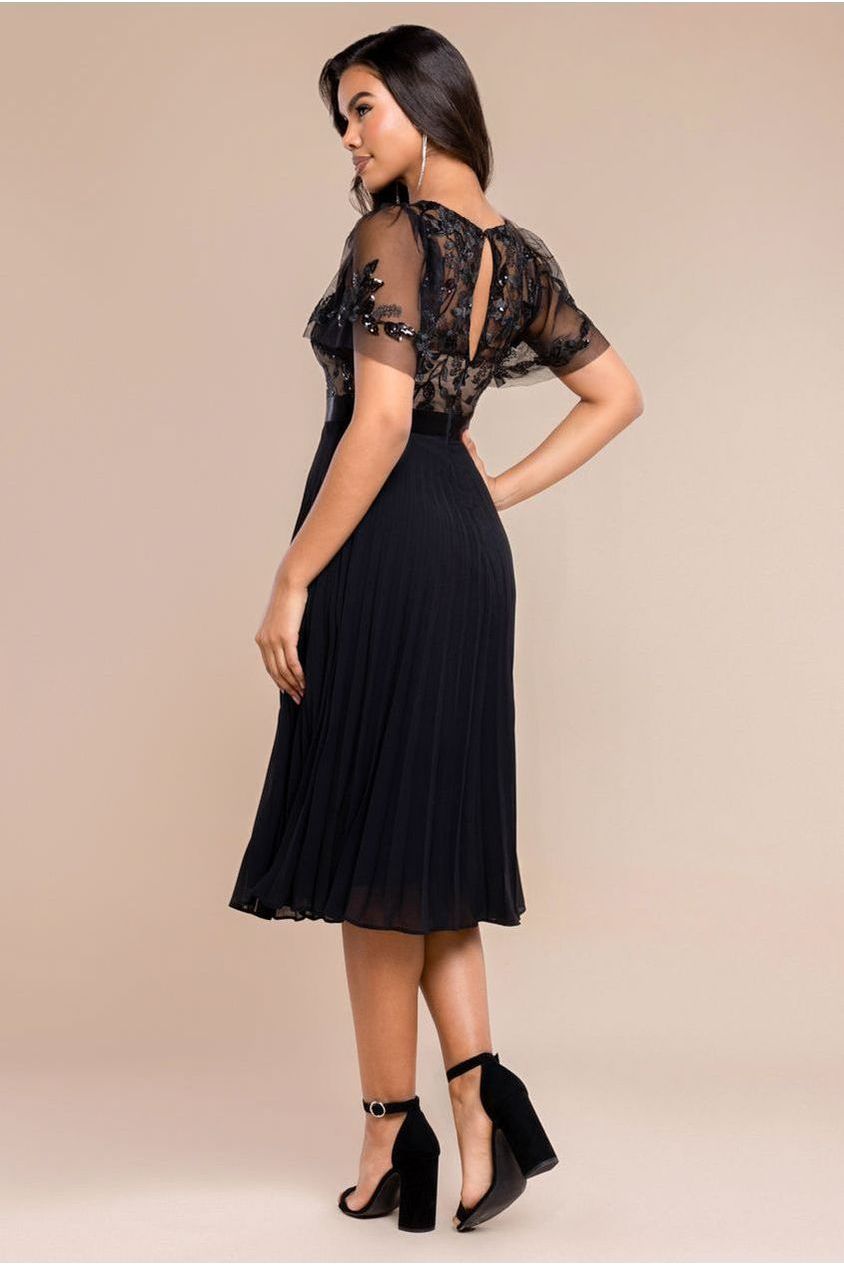 Goddiva Embroidered Top Chiffon Pleated Midi - Black