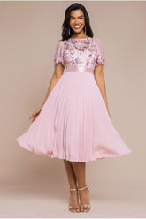Goddiva Embroidered Top Chiffon Pleated Midi - Blush Pink