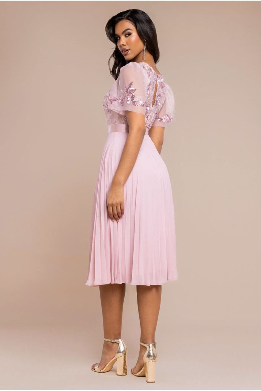 Goddiva Embroidered Top Chiffon Pleated Midi - Blush Pink