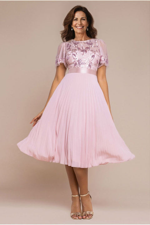 Goddiva Embroidered Top Chiffon Pleated Midi - Blush Pink