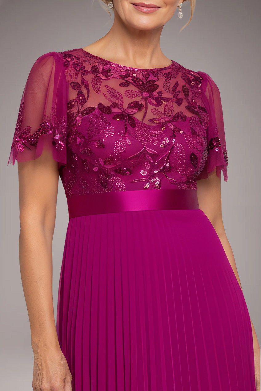 Goddiva Embroidered Top Chiffon Pleated Midi - Magenta