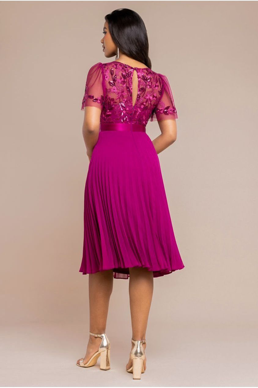 Goddiva Embroidered Top Chiffon Pleated Midi - Magenta
