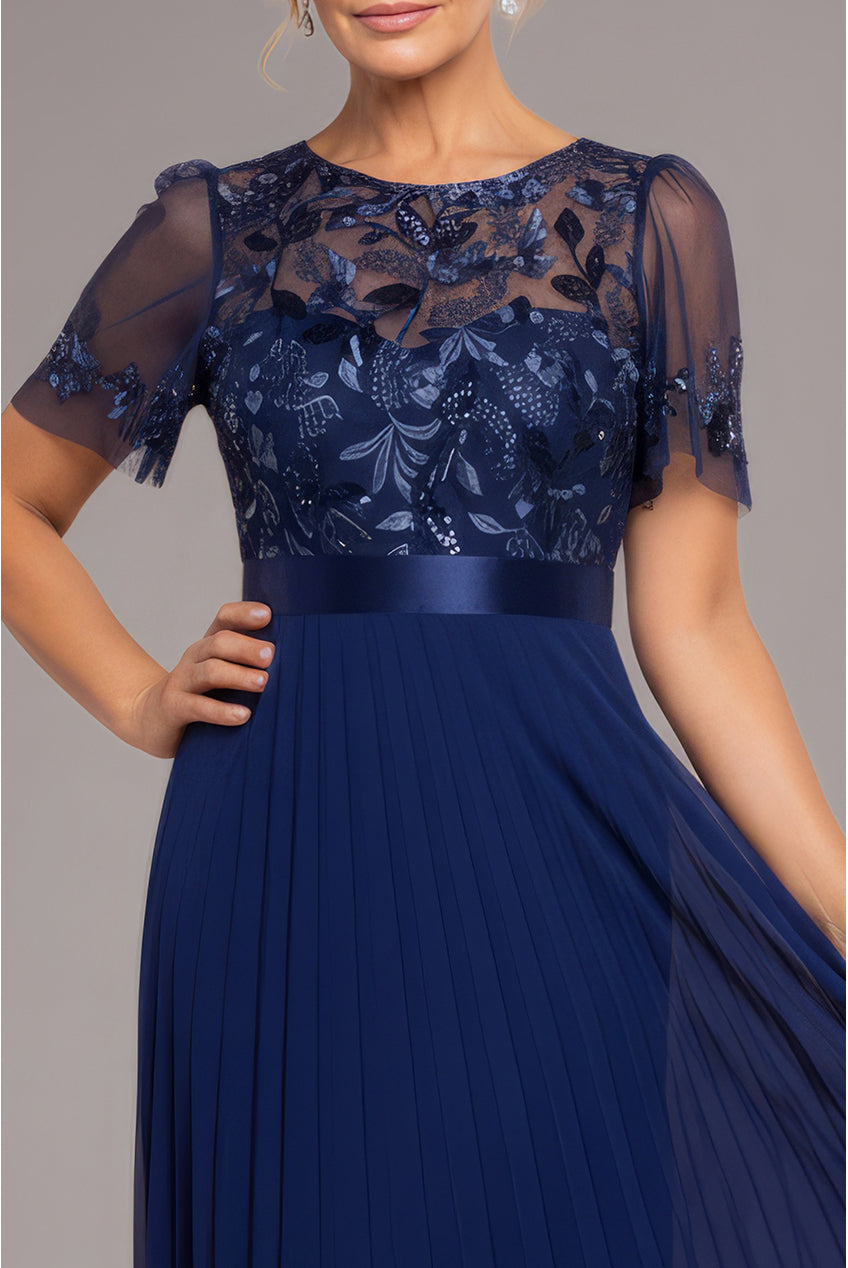 Goddiva Embroidered Top Chiffon Pleated Midi - Navy Blue