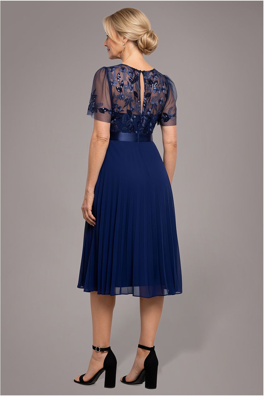 Goddiva Embroidered Top Chiffon Pleated Midi - Navy Blue
