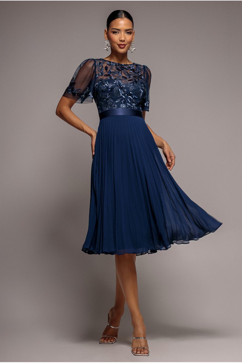 Goddiva Embroidered Top Chiffon Pleated Midi - Navy Blue