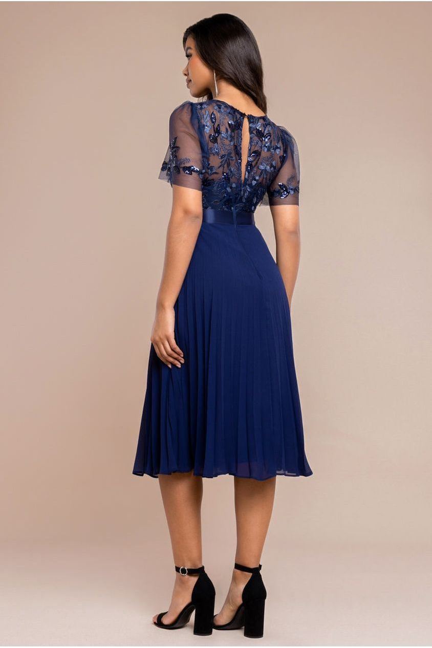 Goddiva Embroidered Top Chiffon Pleated Midi - Navy Blue