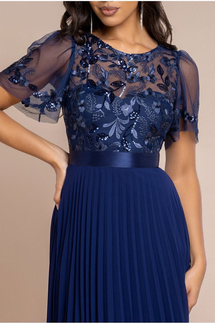 Goddiva Embroidered Top Chiffon Pleated Midi - Navy Blue