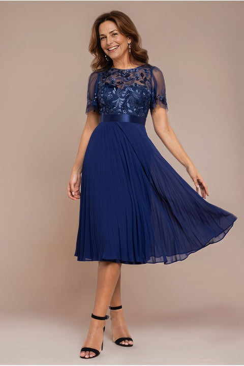 Goddiva Embroidered Top Chiffon Pleated Midi - Navy Blue
