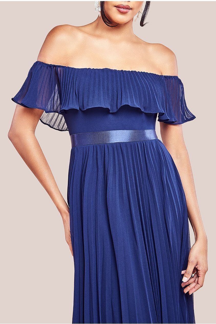 Goddiva Pleated Chiffon Off Shoulder Maxi Dress - Navy