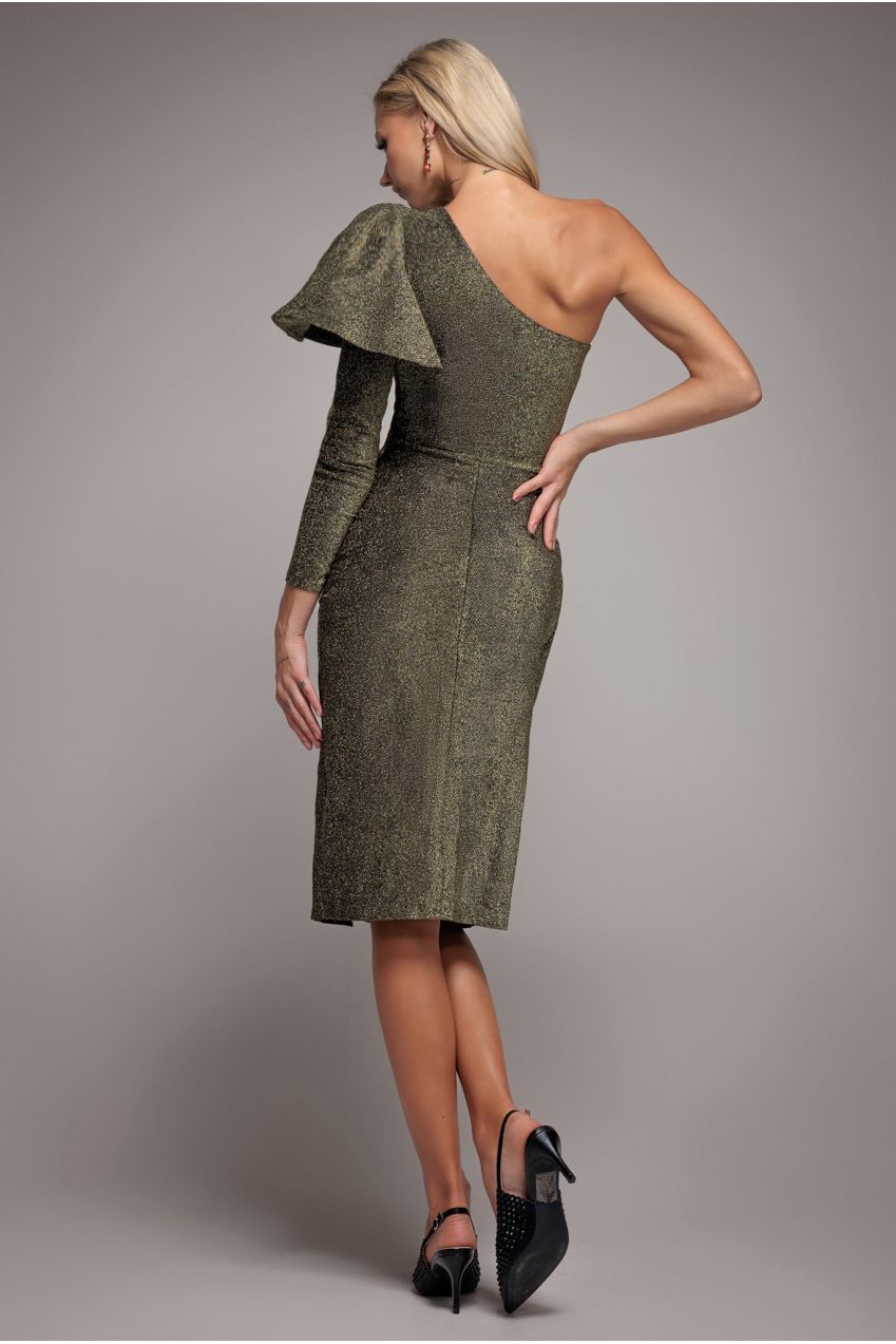 Goddiva One Sleeve Frill Lurex Midi Dress - Gold