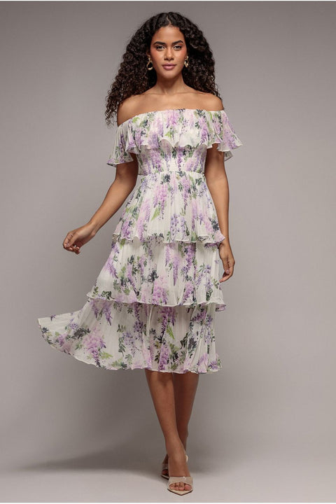 Goddiva Shirred Chiffon Floral Bardot Midi Dress - Multi