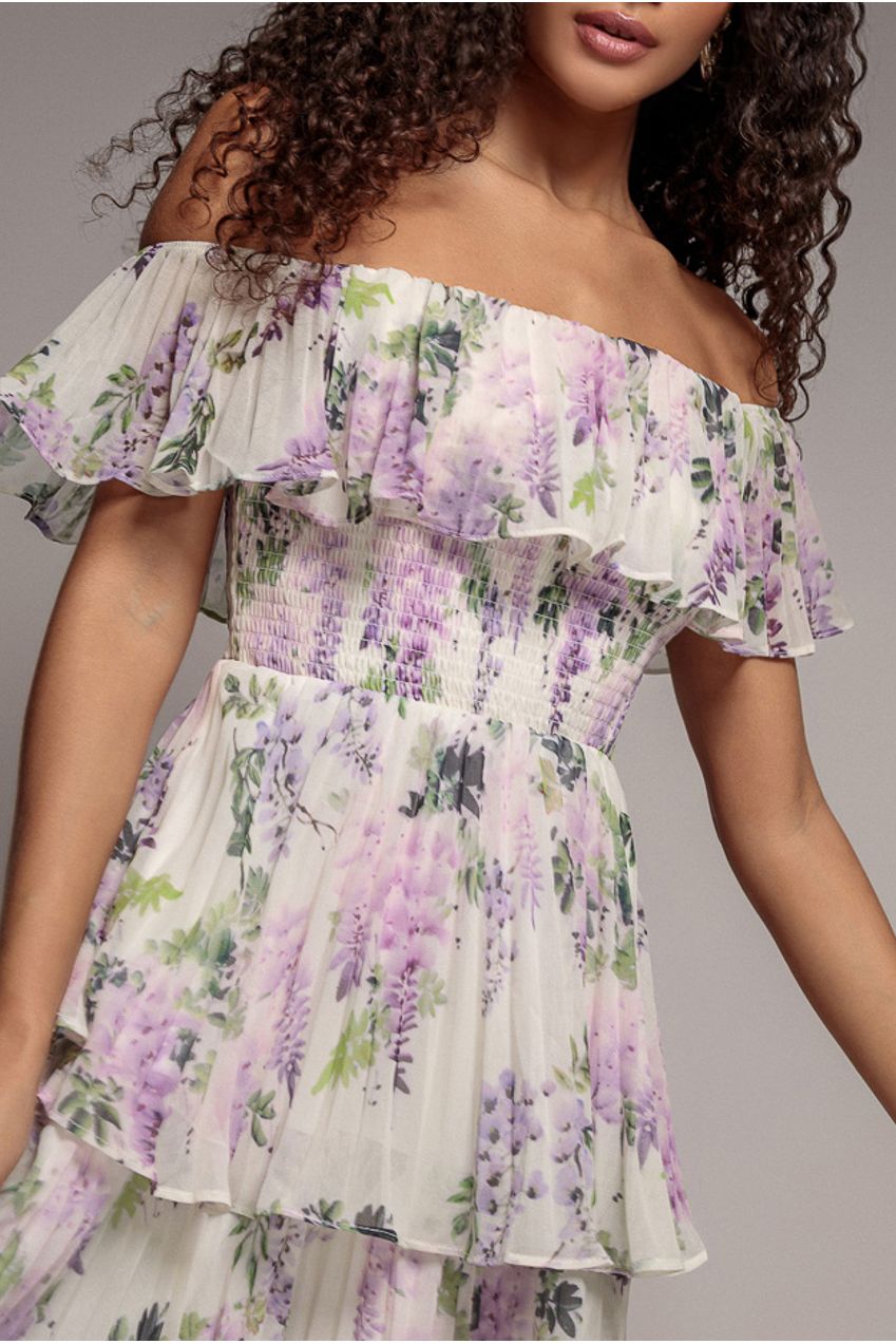 Goddiva Shirred Chiffon Floral Bardot Midi Dress - Multi