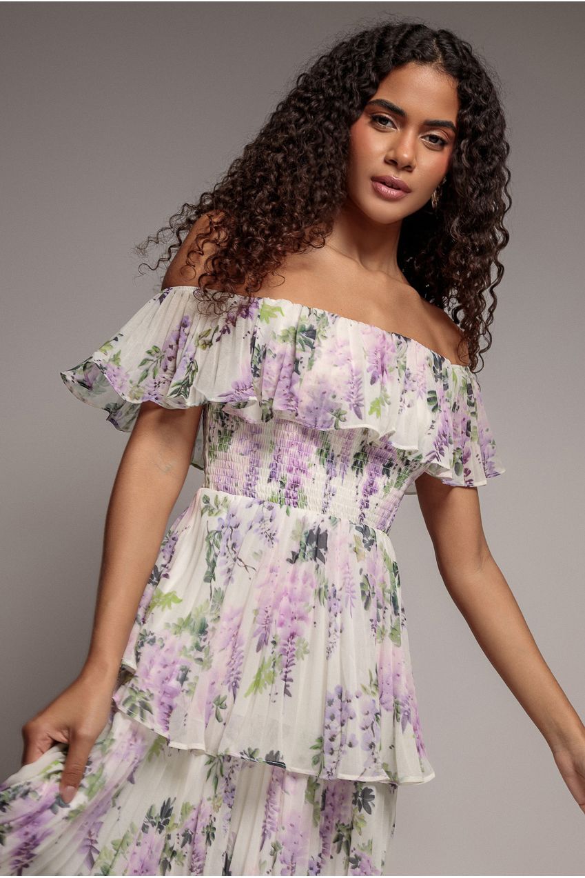 Goddiva Shirred Chiffon Floral Bardot Midi Dress - Multi