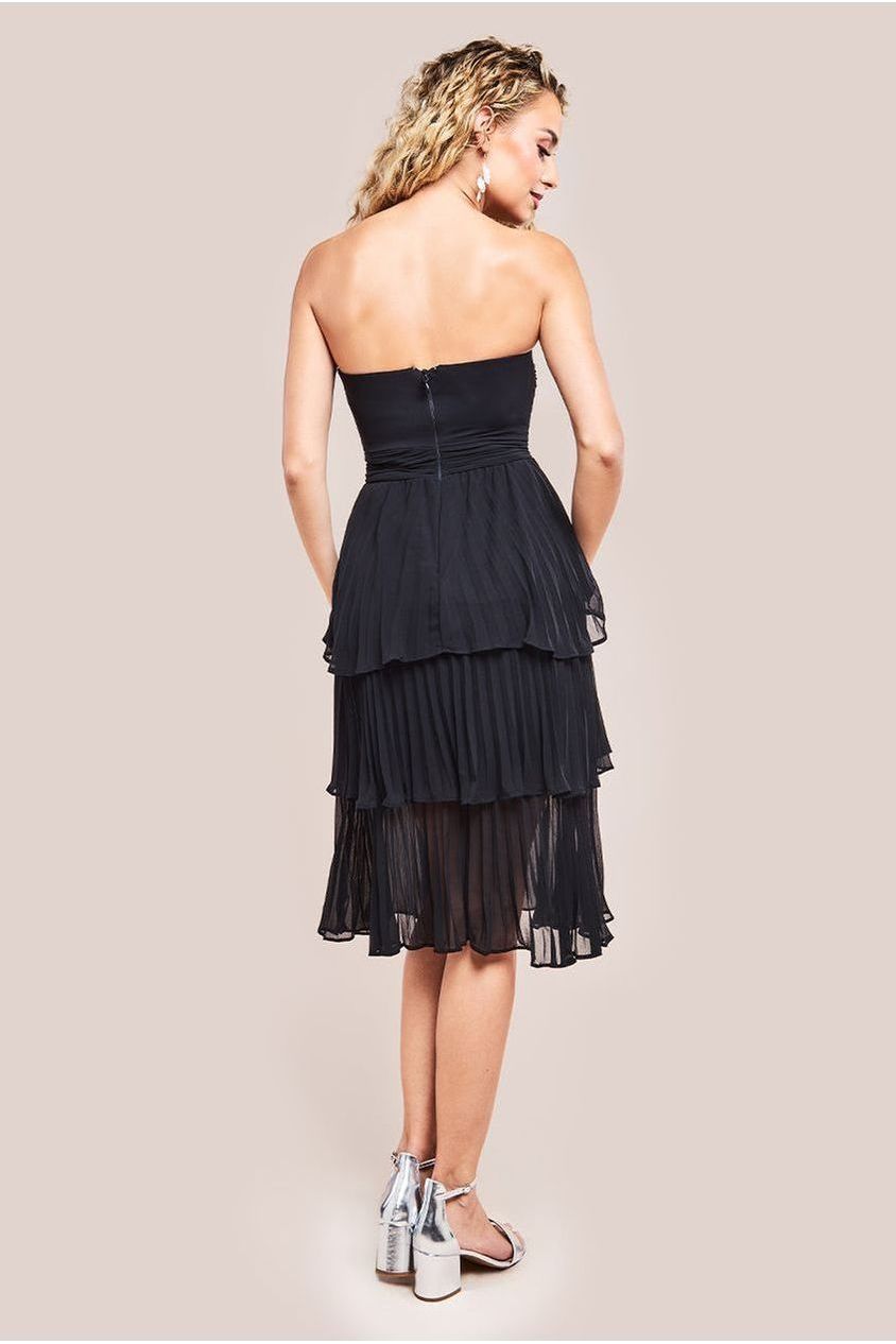Goddiva Pleated Bandeau Bodice Chiffon Tiered Midi - Black