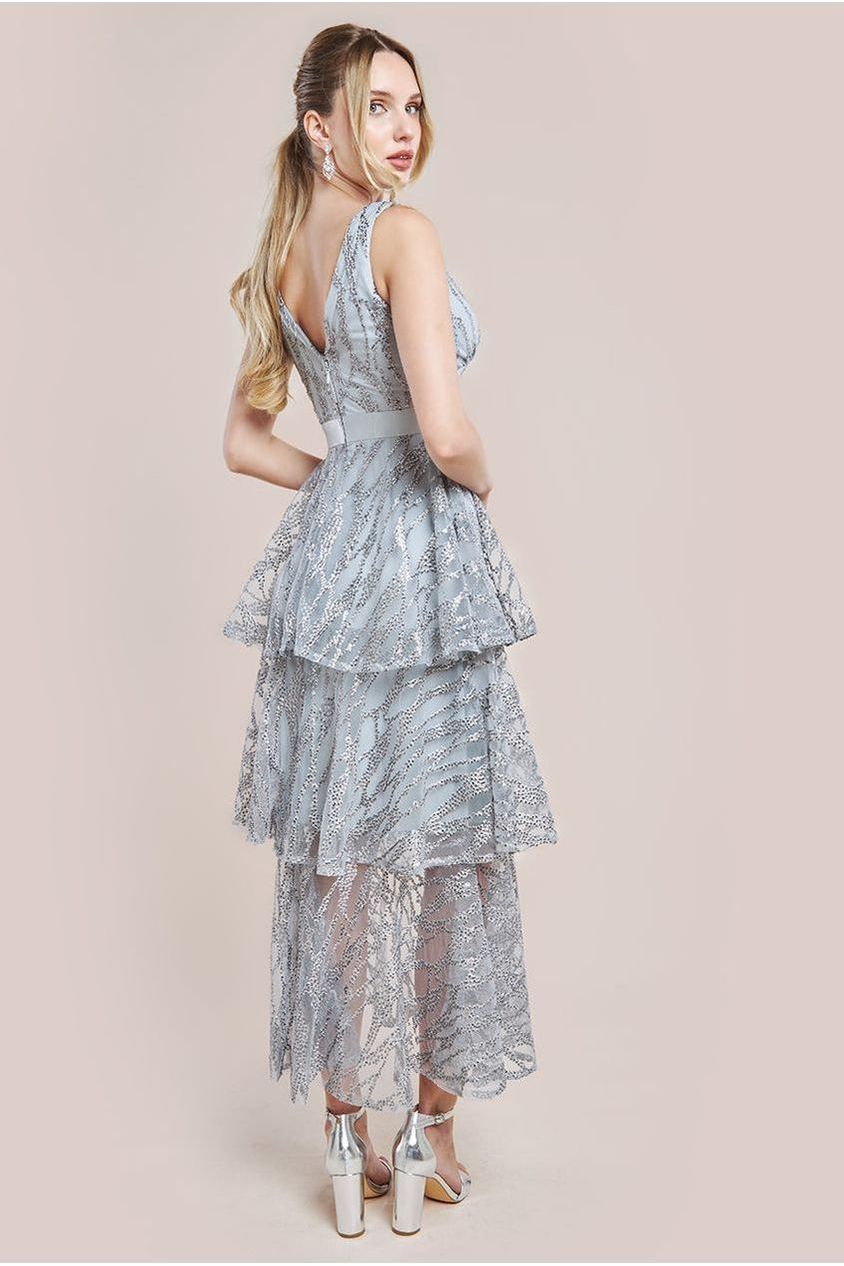 Goddiva Embroidered Mesh Tiered Midi Dress - Gray
