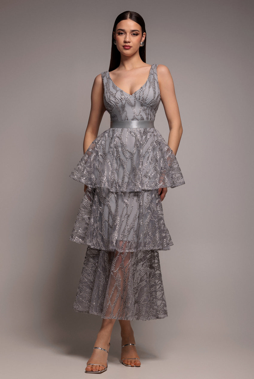 Goddiva Embroidered Mesh Tiered Midi Dress - Gray