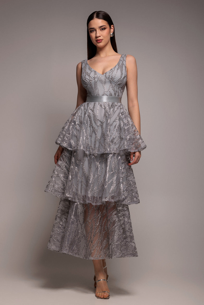 Goddiva Embroidered Mesh Tiered Midi Dress - Gray