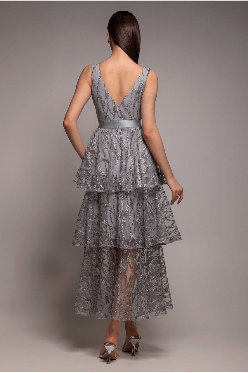 Goddiva Embroidered Mesh Tiered Midi Dress - Gray
