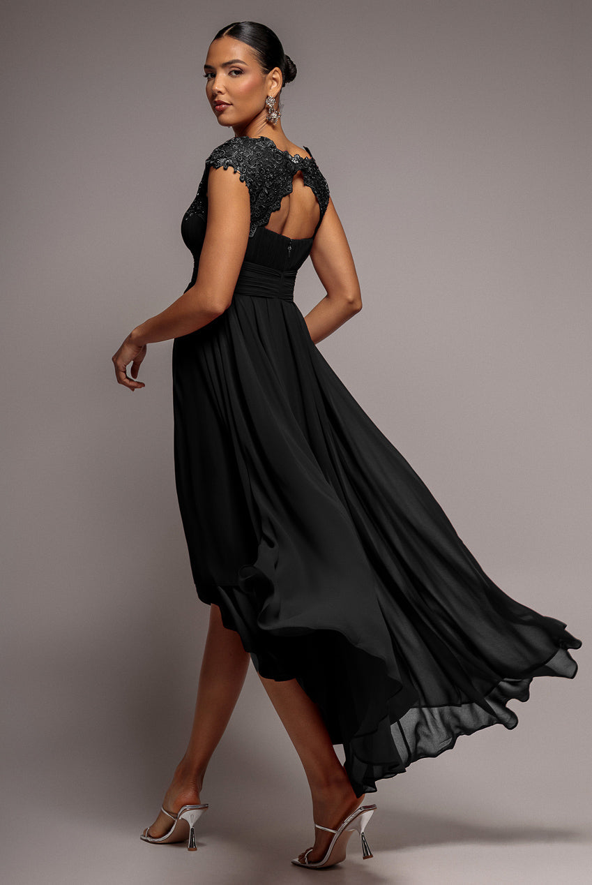 Goddiva Crochet & Pleated Top High Low Maxi - Black