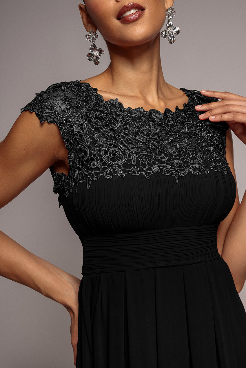 Goddiva Crochet & Pleated Top High Low Maxi - Black