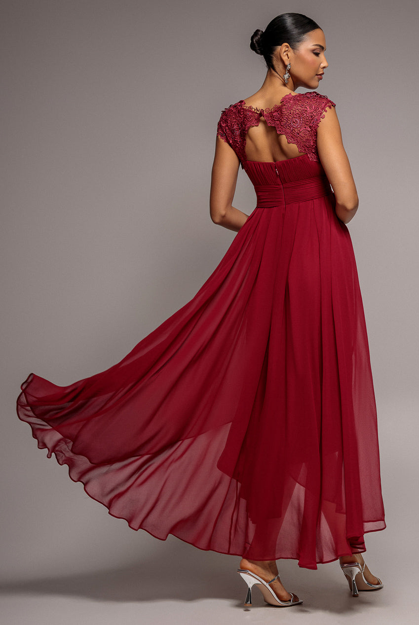 Goddiva Crochet & Pleated Top High Low Maxi - Burgundy