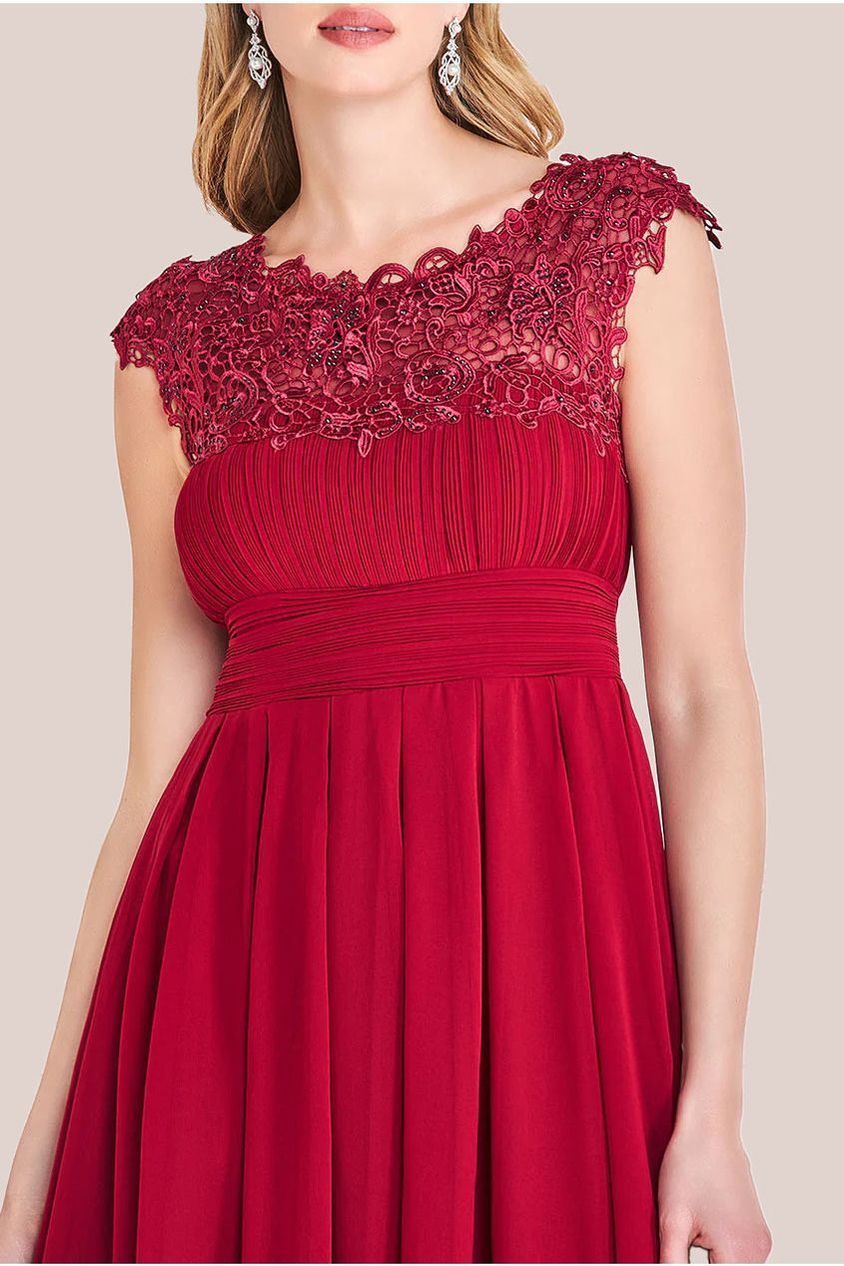 Goddiva Crochet & Pleated Top High Low Maxi - Burgundy