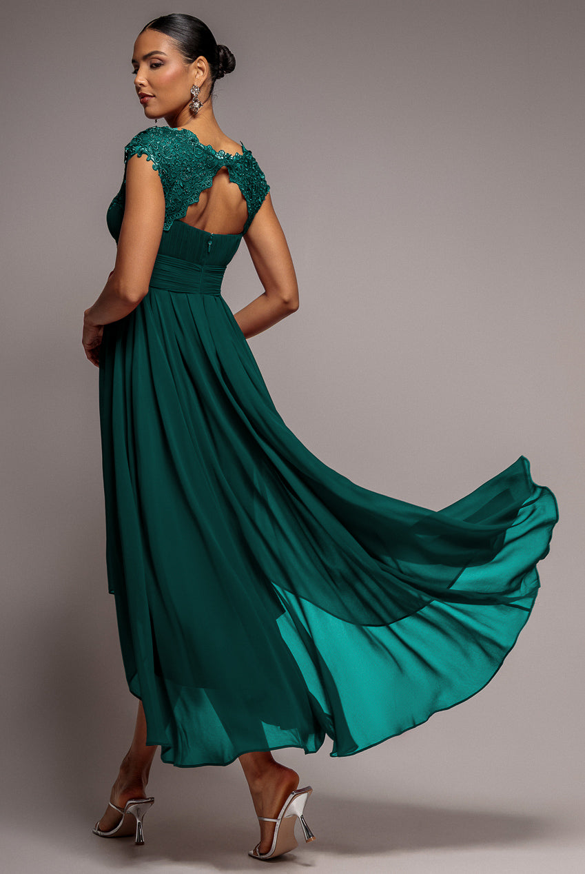 Goddiva Crochet & Pleated Top High Low Maxi - Emerald