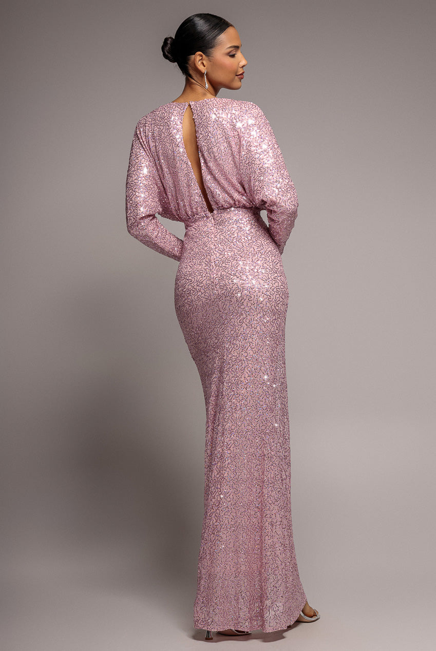 Goddiva Plunge V-Neck Sequin Maxi - Blush
