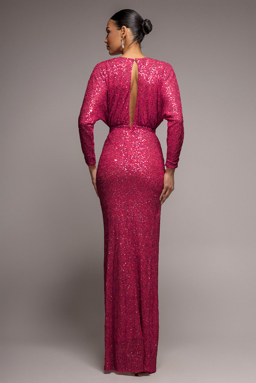 Goddiva Plunge V-Neck Sequin Maxi - Burgundy