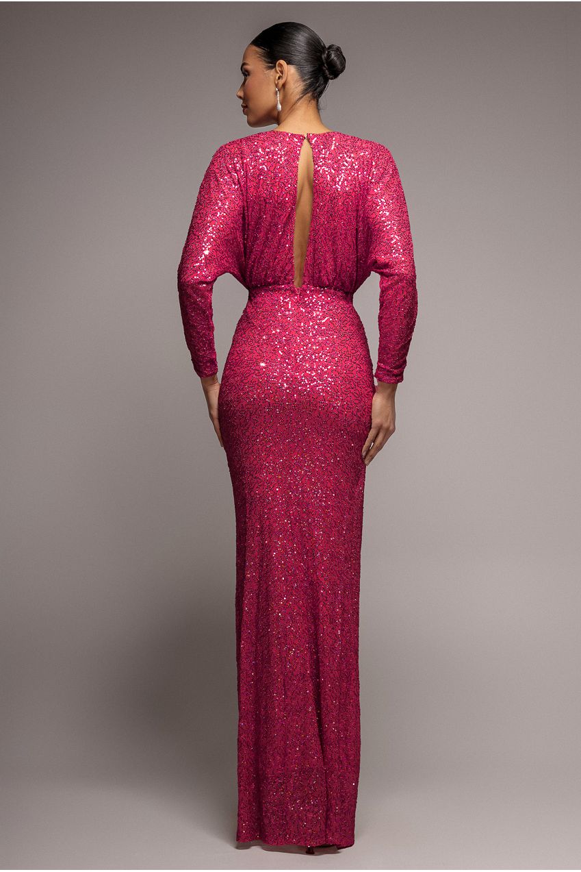 Goddiva Plunge V-Neck Sequin Maxi - Burgundy