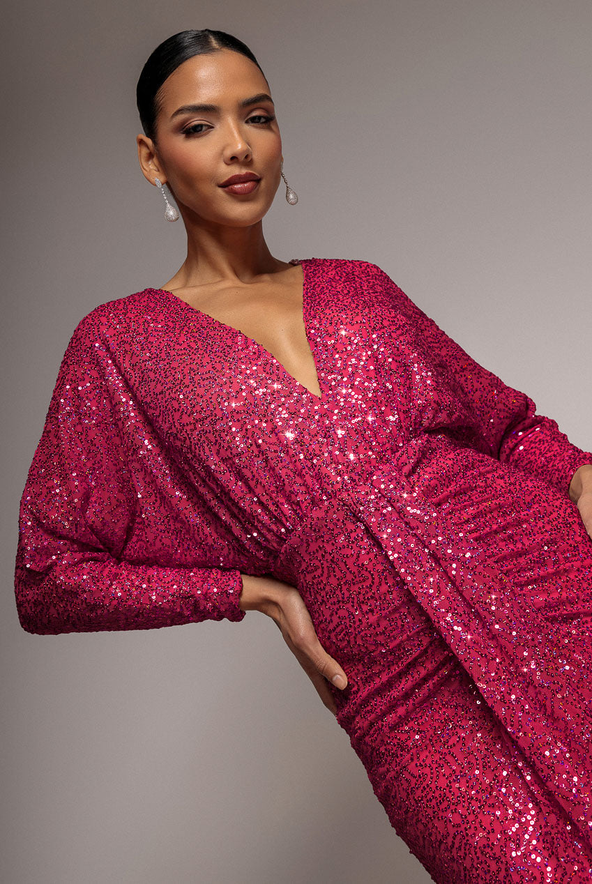 Goddiva Plunge V-Neck Sequin Maxi - Burgundy