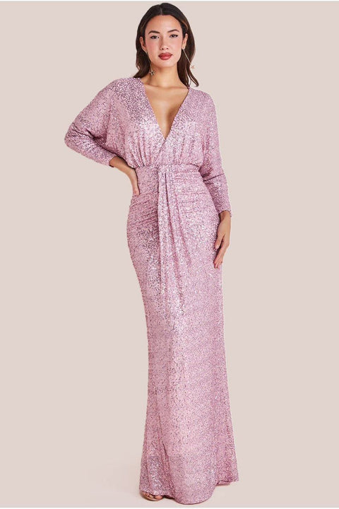 Goddiva Plunge V-Neck Sequin Maxi - Blush