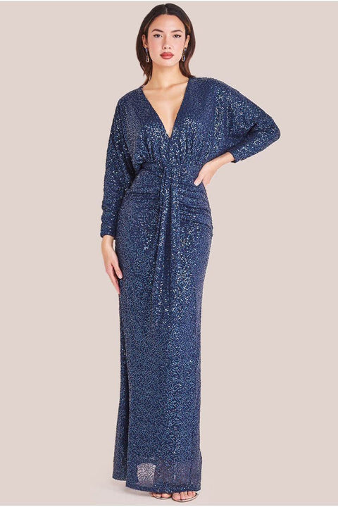 Goddiva Plunge V-Neck Sequin Maxi - Navy