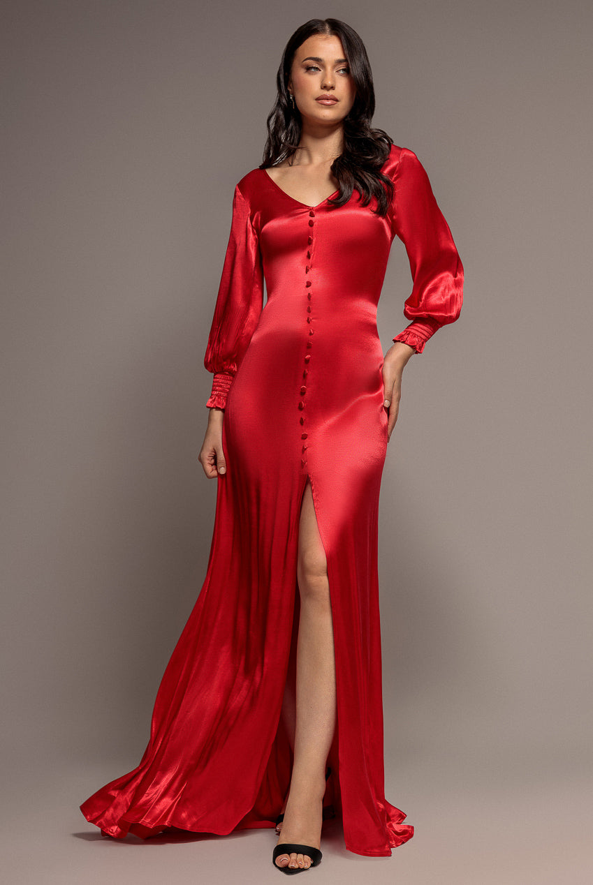 Goddiva Satin Viscose Front Split Maxi - Red
