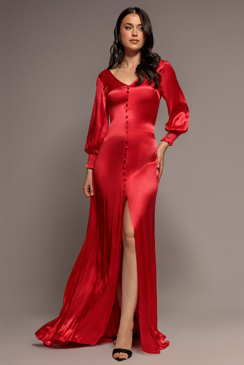 Goddiva Satin Viscose Front Split Maxi - Red