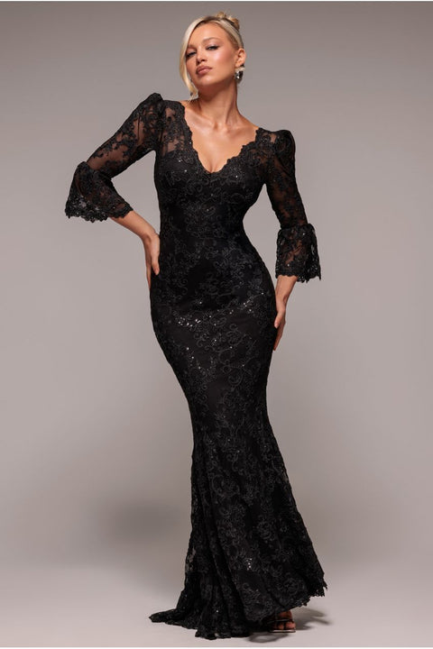 Goddiva Scalloped Lace Maxi Dress - Black