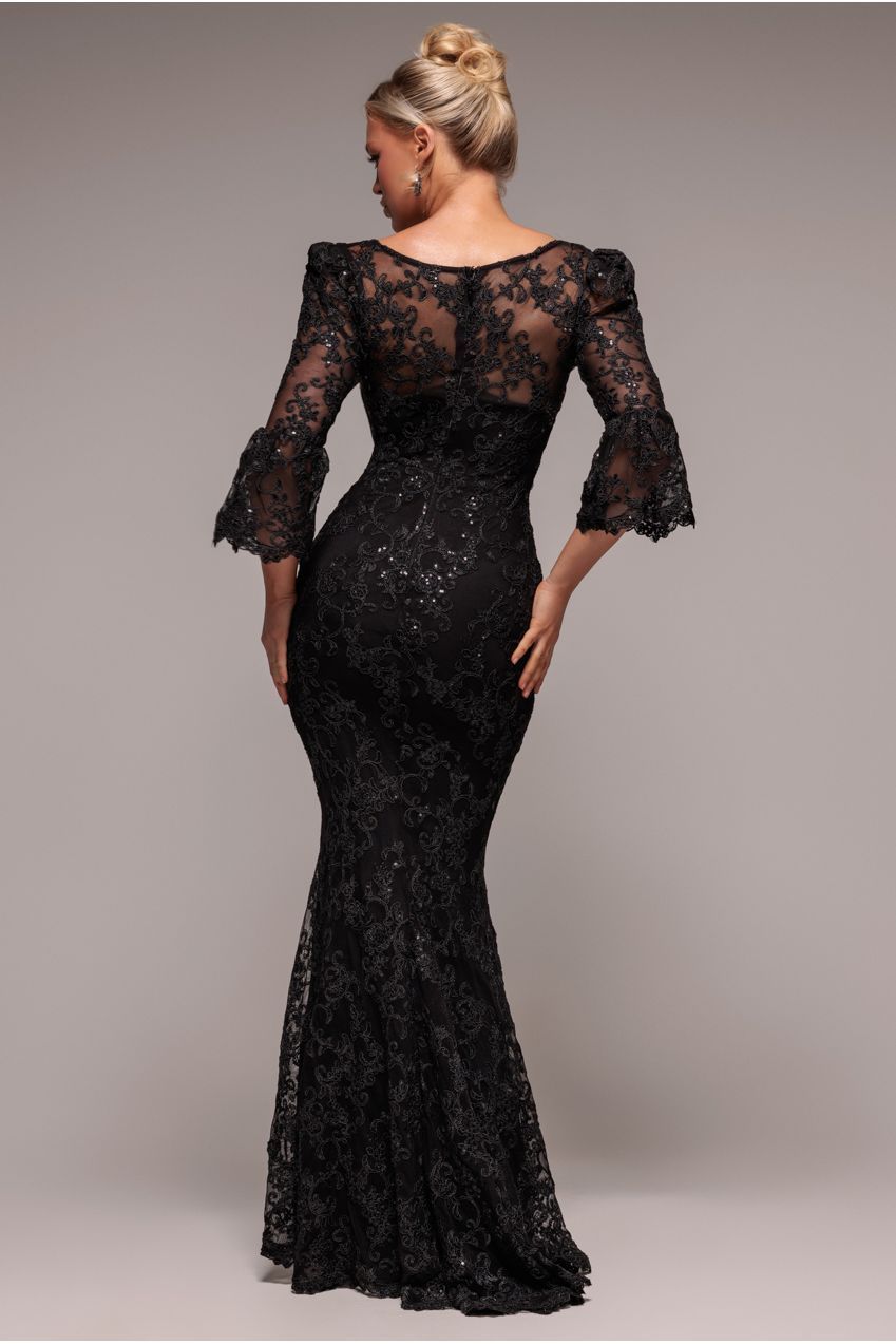 Goddiva Scalloped Lace Maxi Dress - Black