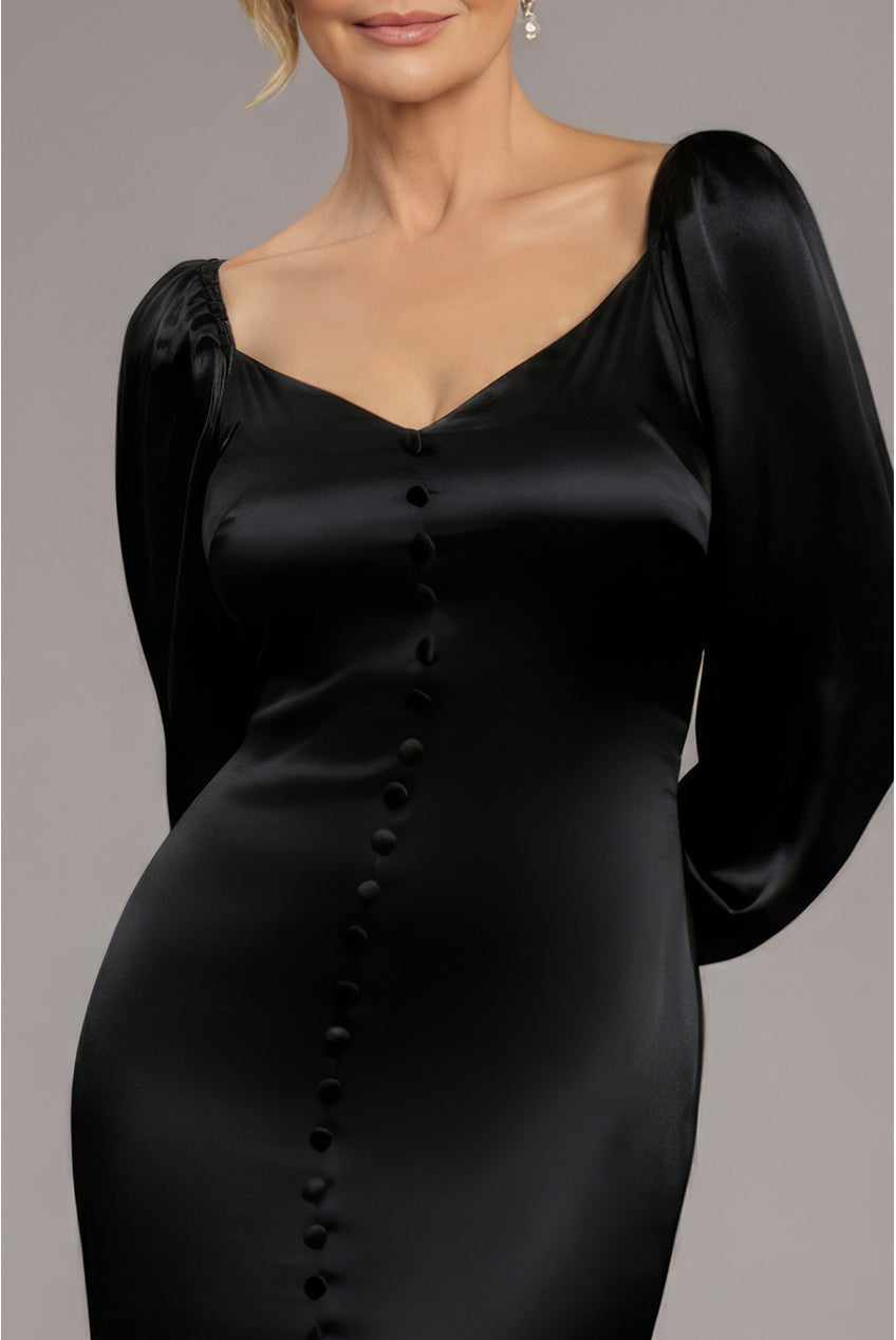 Goddiva Satin Viscose Front Buttoned Dipped Hem Midaxi Dress - Black