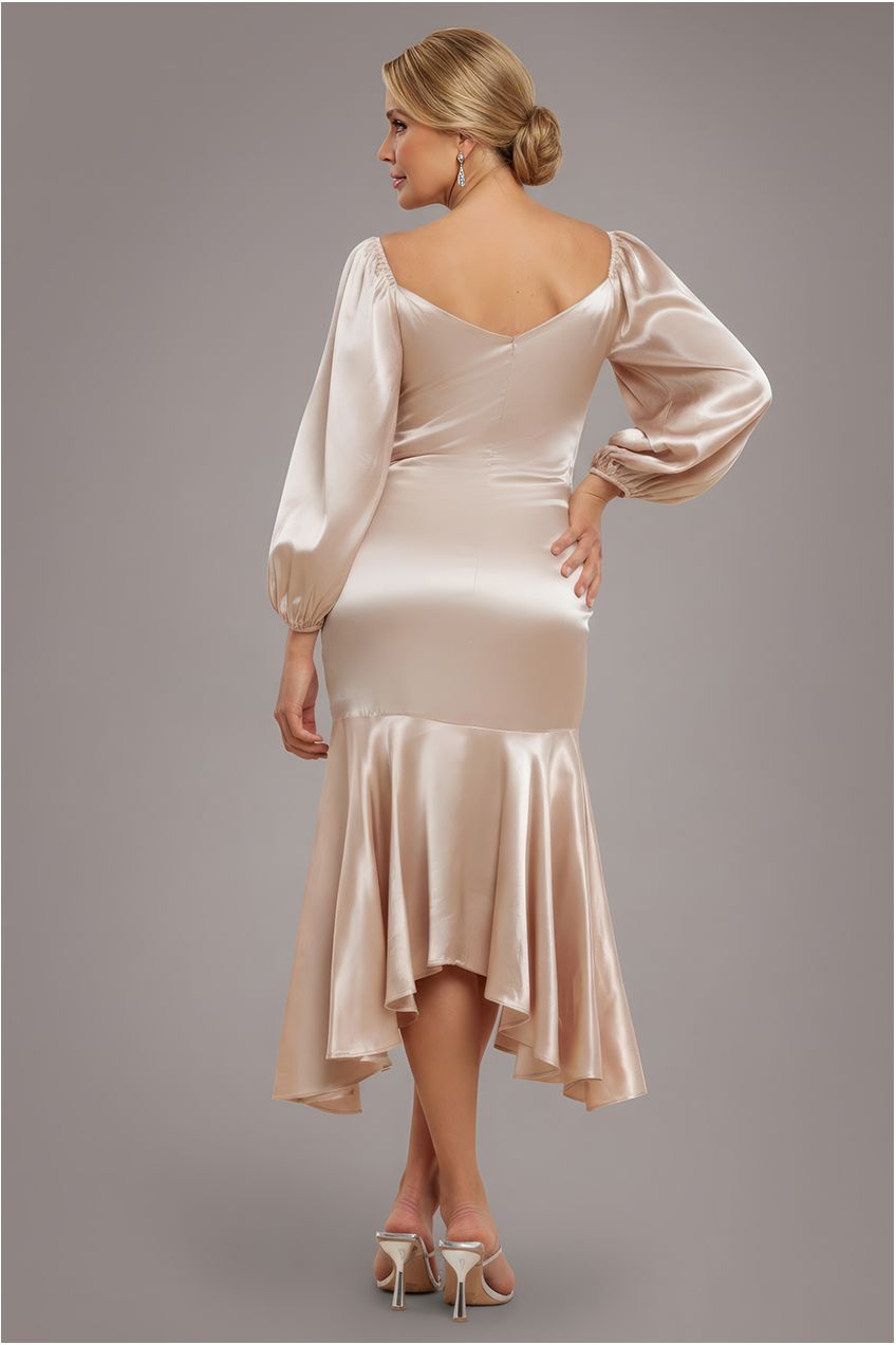 Goddiva Satin Viscose Front Buttoned Dipped Hem Midaxi Dress - Champagne