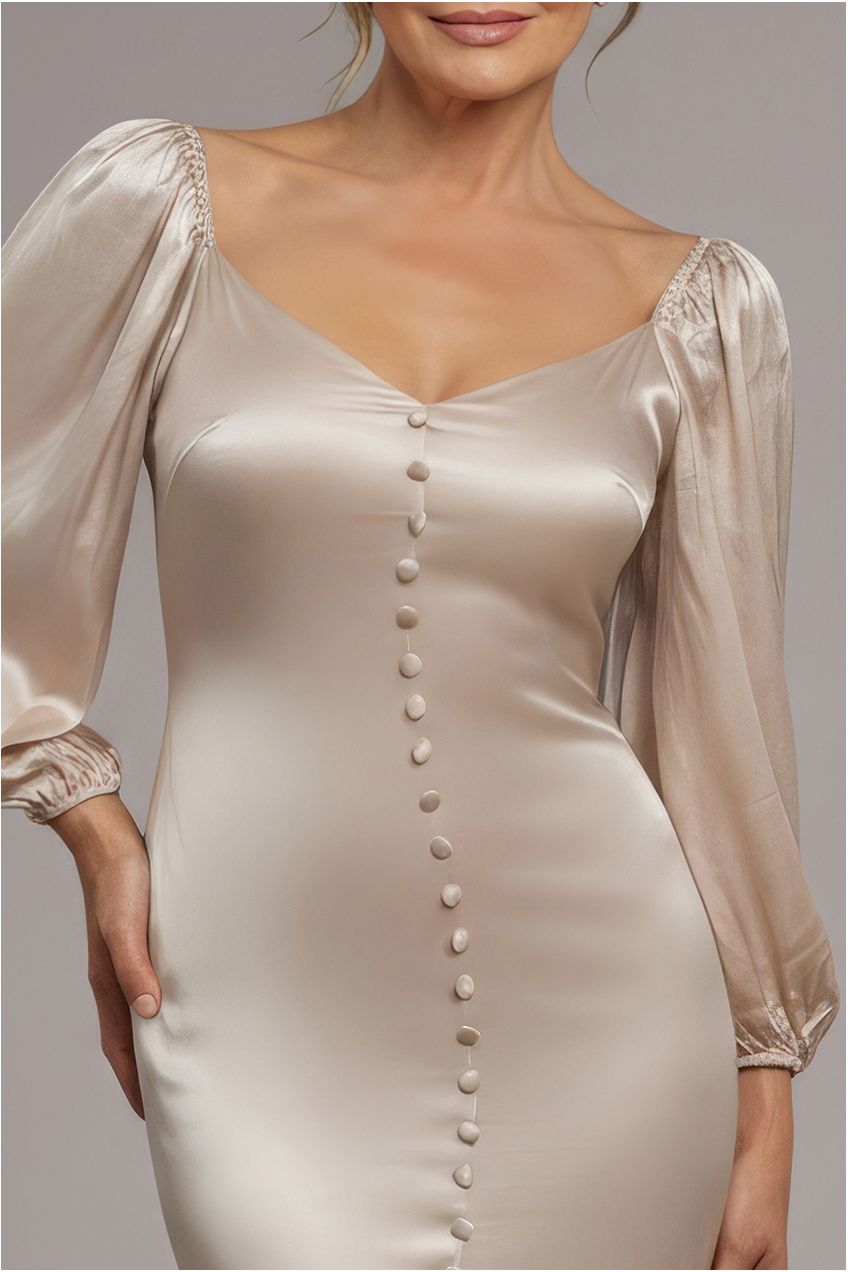 Goddiva Satin Viscose Front Buttoned Dipped Hem Midaxi Dress - Champagne