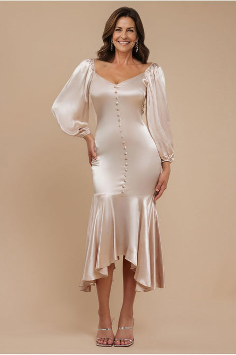 Goddiva Satin Viscose Front Buttoned Dipped Hem Midaxi Dress - Champagne